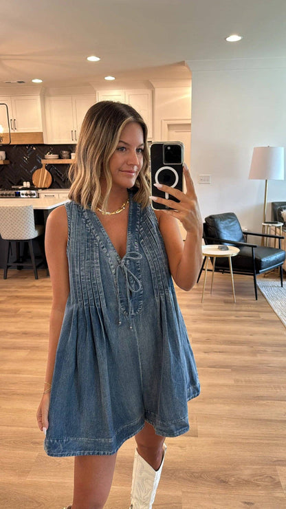 Ladies Tie Front V-Neck Sleeveless Denim Romper 9025