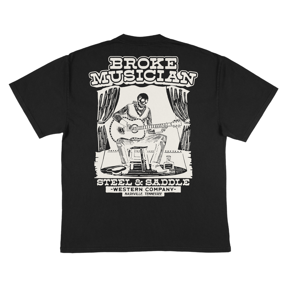 Broke Musician Tee back print, skeleton guitarist playing on a stage stool between curtains