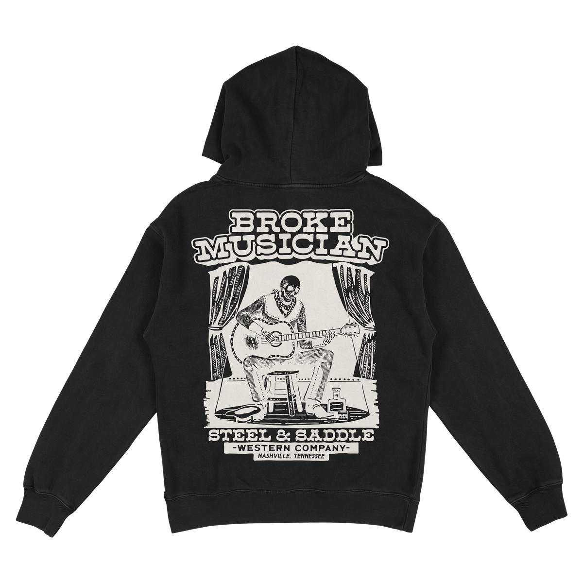 Broke Musician Hoodie back print, skeleton guitarist playing on a stage stool between curtains