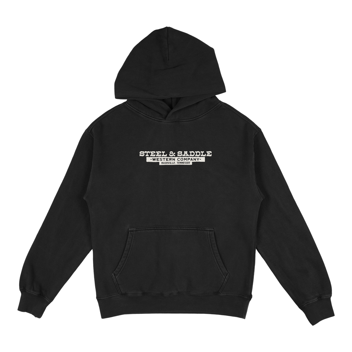 Broke Musician Hoodie in faded black by Steel & Saddle Nashville, front with Western Company chest print