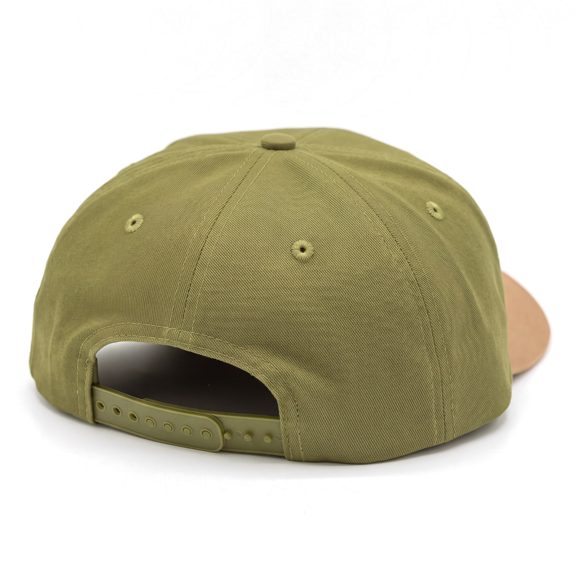 Bass Hat back view, plain olive crown with an adjustable strap