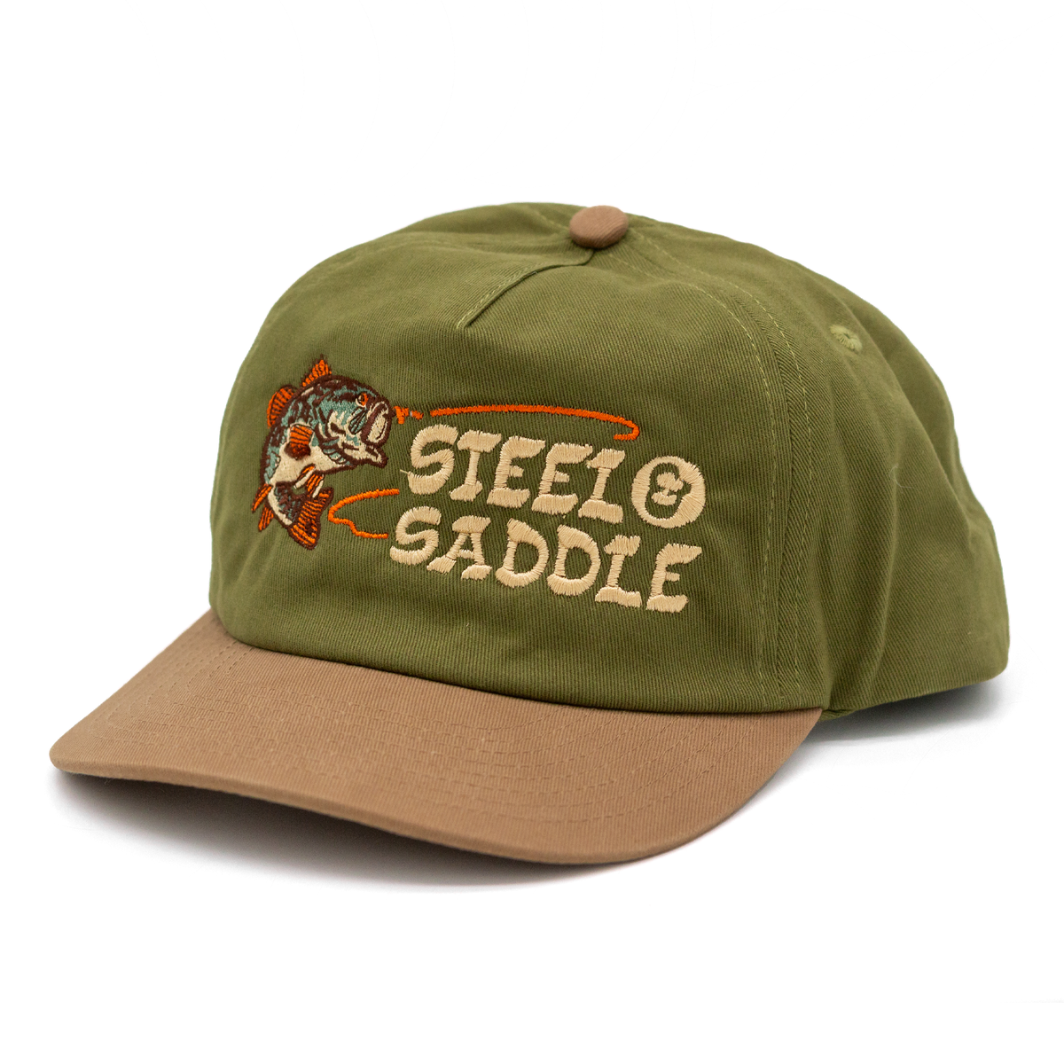 Bass Hat by Steel & Saddle, olive cap with a brown bill, a bass and Steel & Saddle stitched on the front