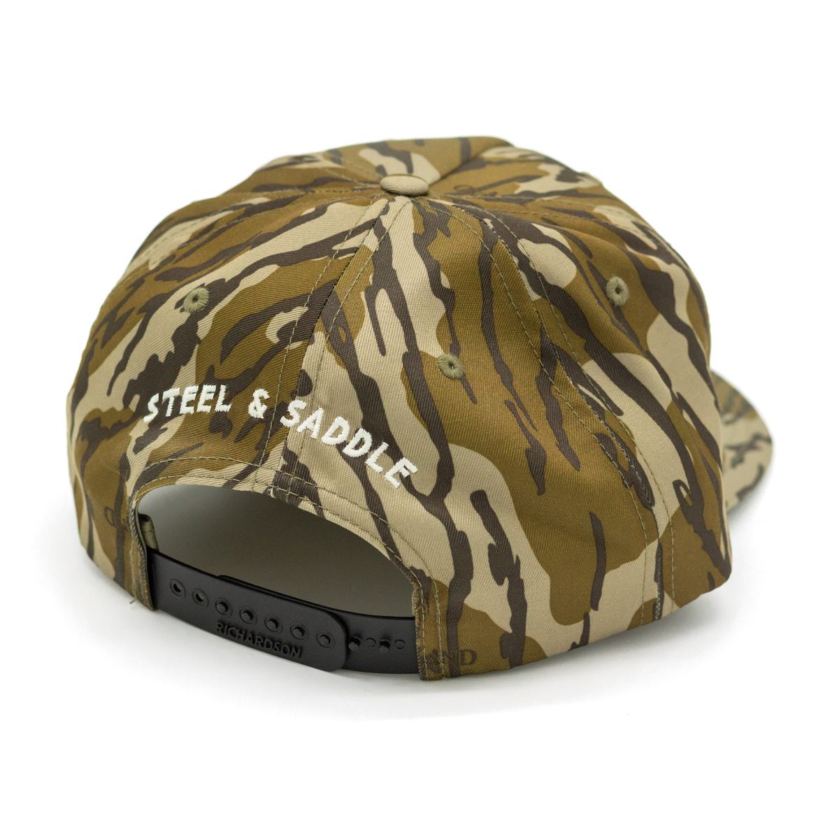 Bottomland Badge Hat back view, Steel & Saddle stitched above the snapback