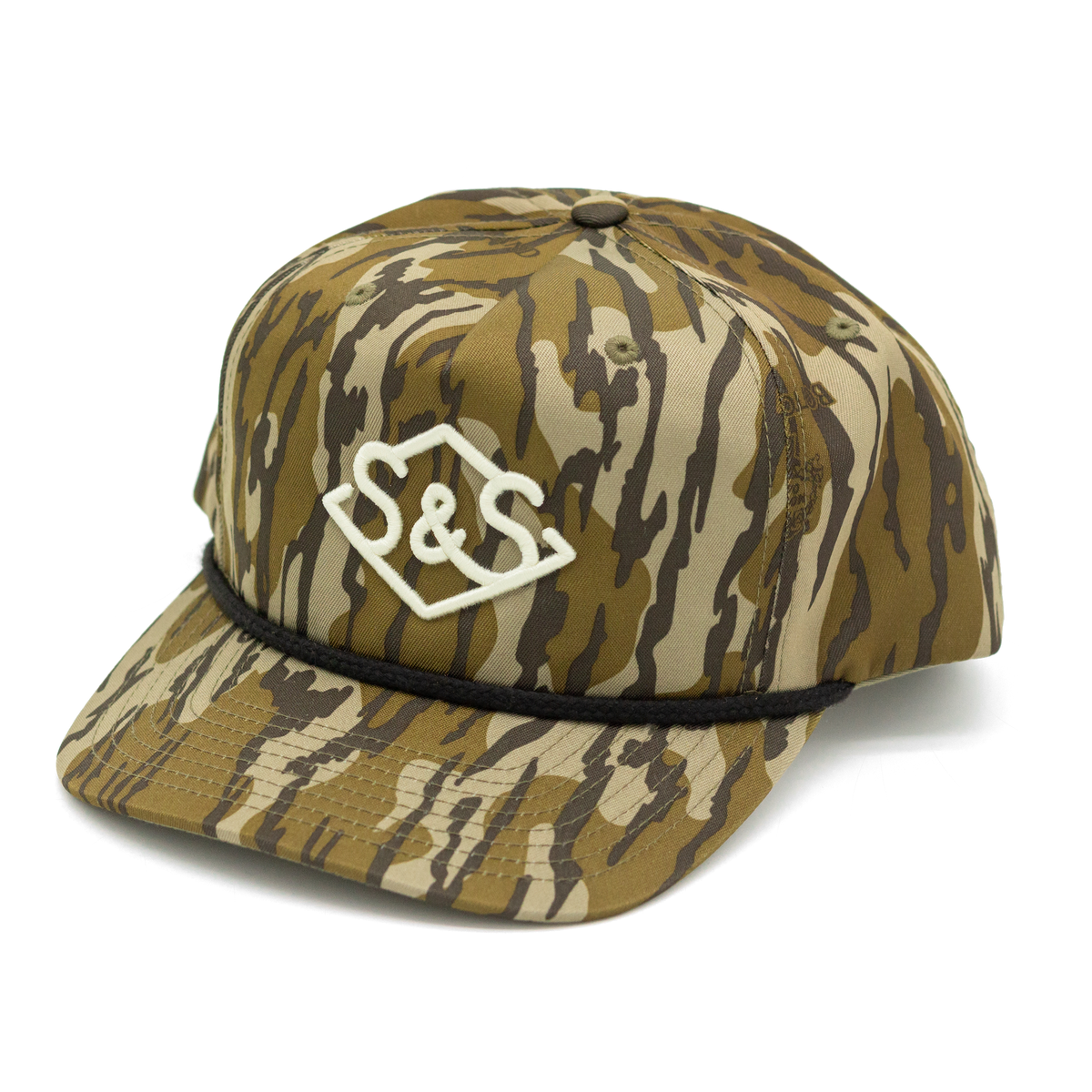 Bottomland Badge Hat by Steel & Saddle, camo rope cap with a cream diamond S&S badge and black rope across the bill