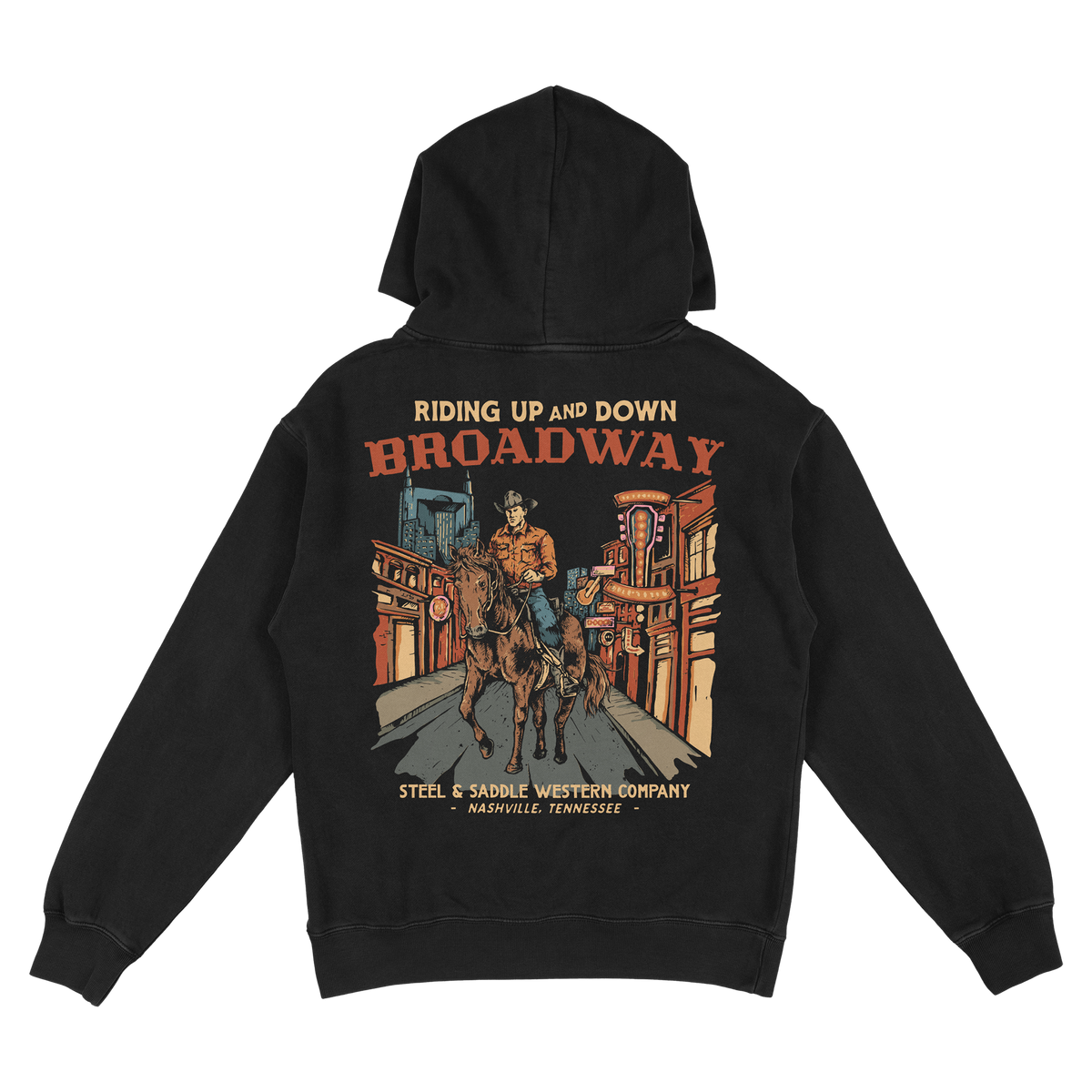 Broadway Hoodie back print, cowboy riding a horse down neon lit Lower Broadway in Nashville