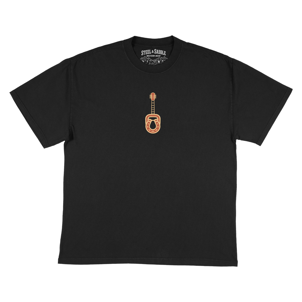 Broadway Tee in faded coal by Steel & Saddle Nashville, front with guitar and horseshoe chest print