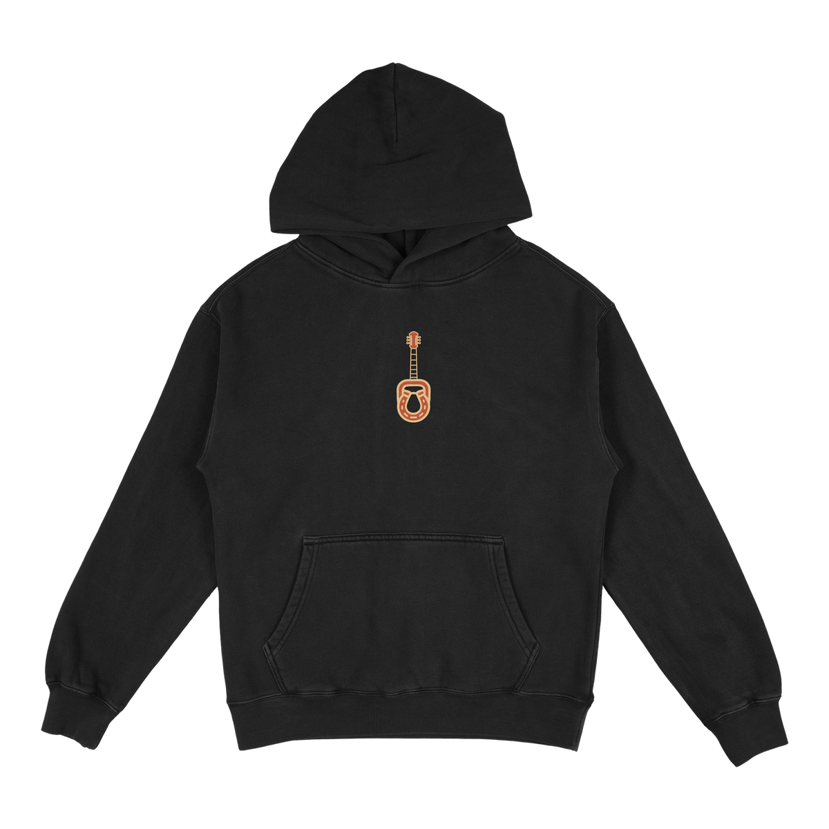 Broadway Hoodie in faded black by Steel & Saddle Nashville, front with guitar and horseshoe chest print
