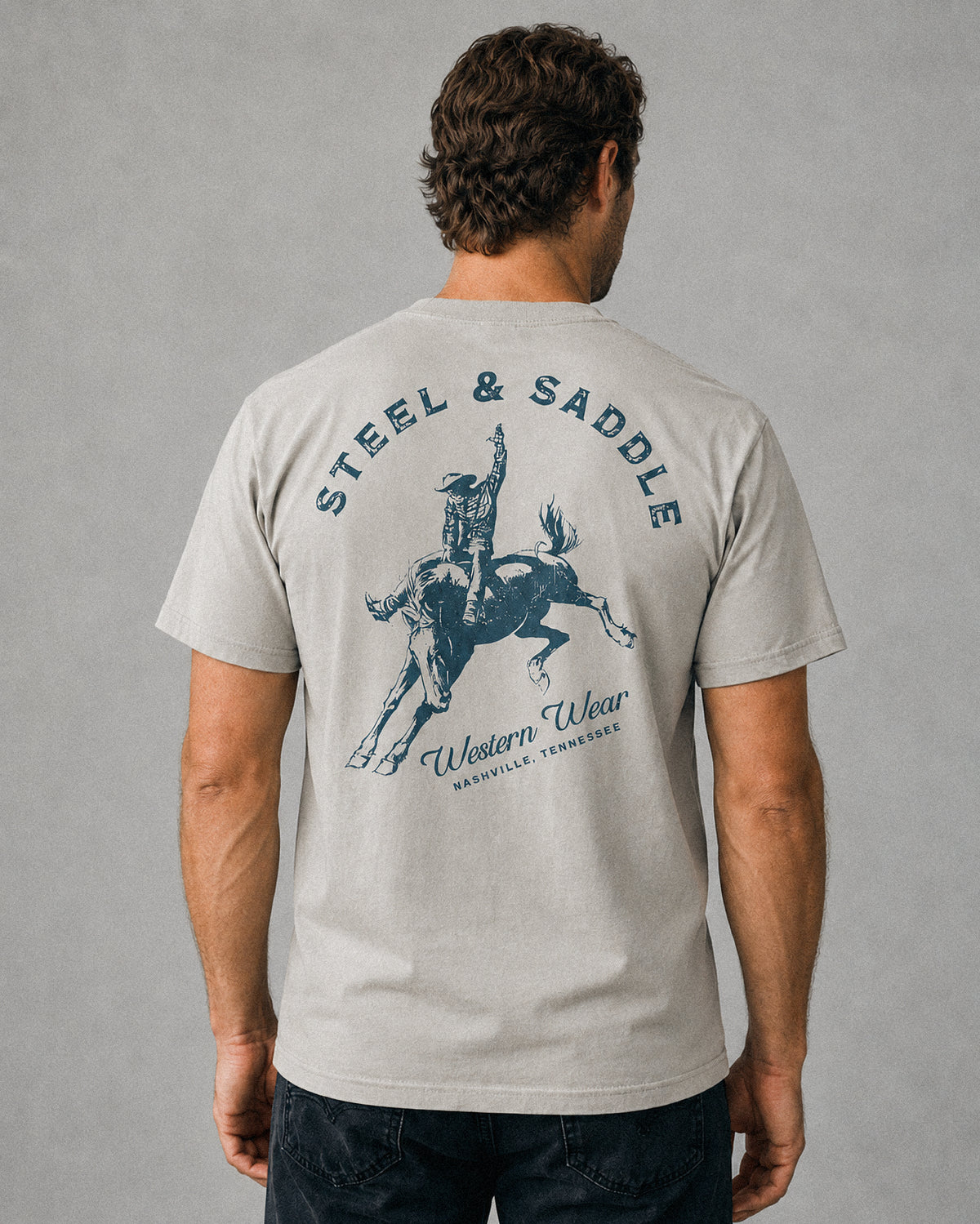 Steel & Saddle Bucking Tee in alternate view, western graphic t-shirt for rodeo style