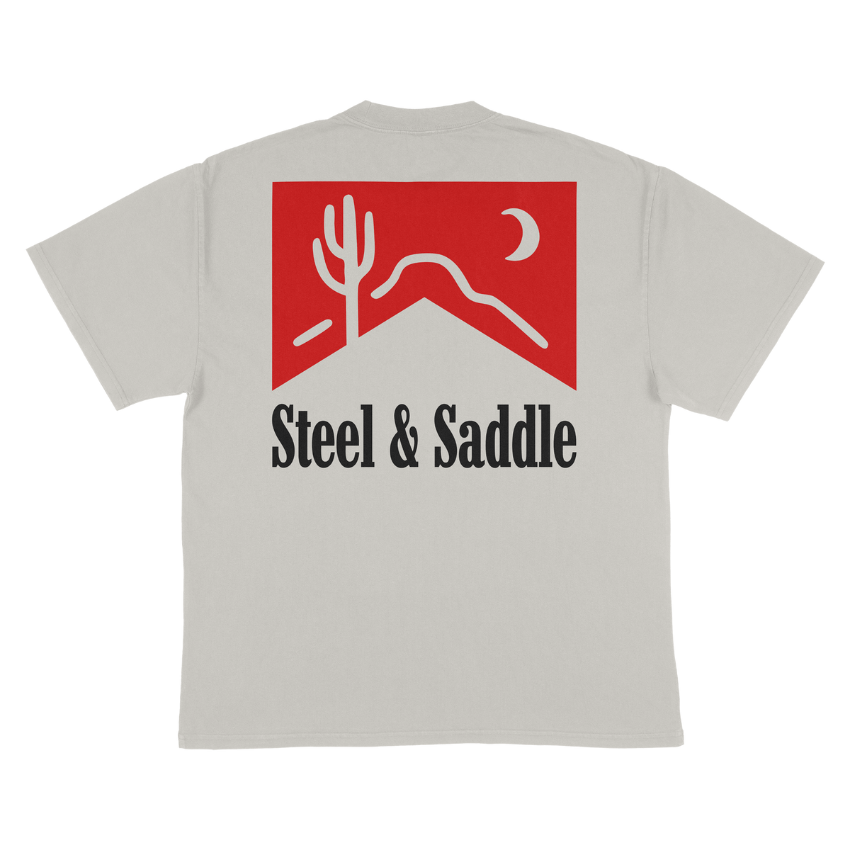 Cowboy Killer Tee back print, red pack with cactus, mesa and moon over Steel & Saddle lettering