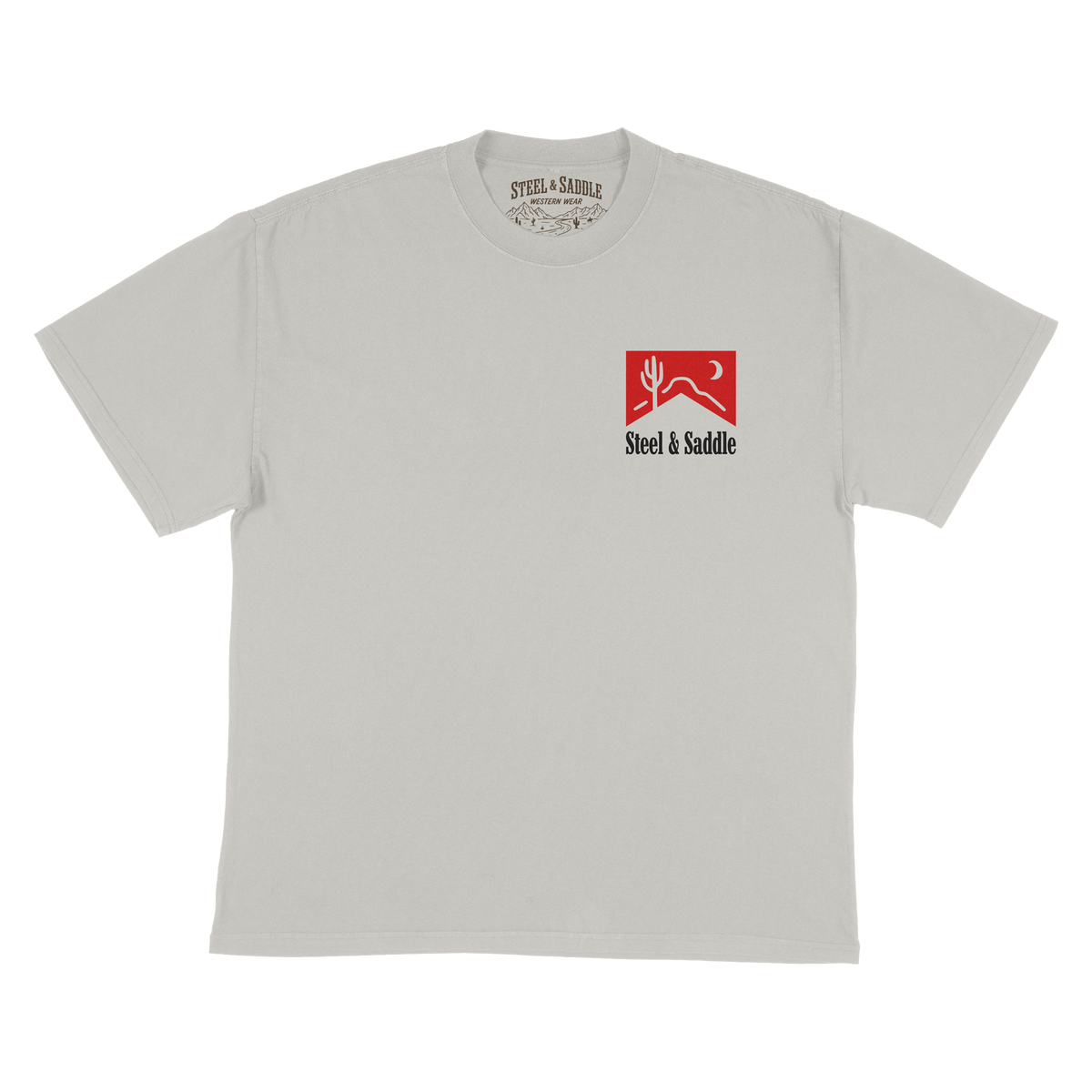 Cowboy Killer Tee in faded bone by Steel & Saddle Nashville, front with small red pack chest print