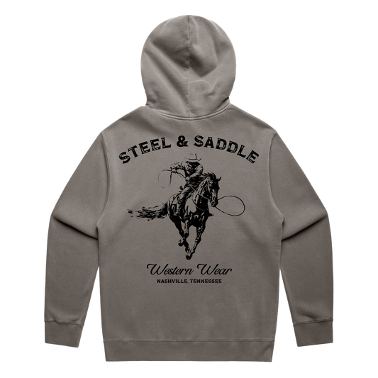Steel & Saddle cowboy hoodie in charcoal with western apparel design
