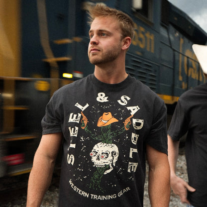 Steel & Saddle western tee with cactus and pistol graphic design, alternate view