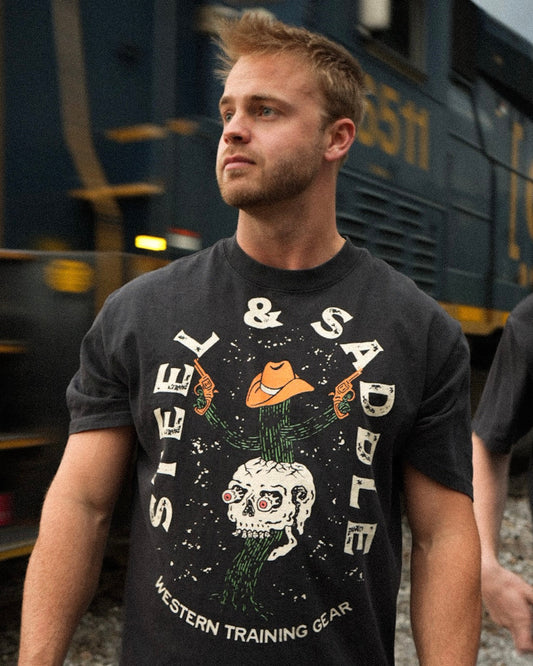 Steel & Saddle western tee with cactus and pistol graphic design, alternate view