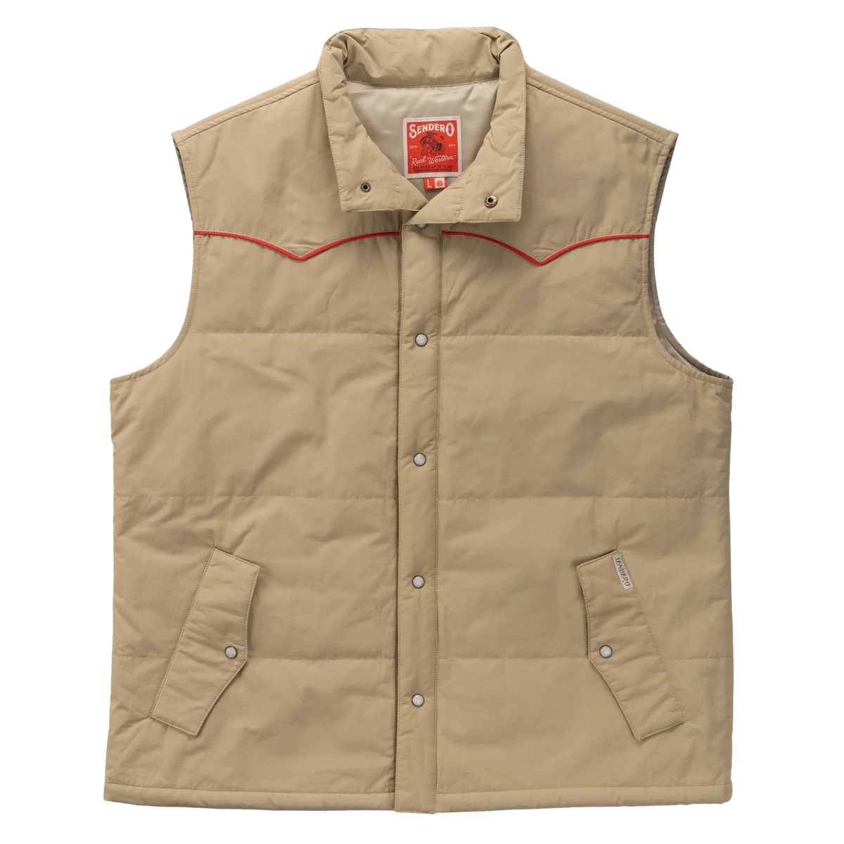 Sendero Vaquero Vest in buckskin with pearl snaps and western yokes, front view