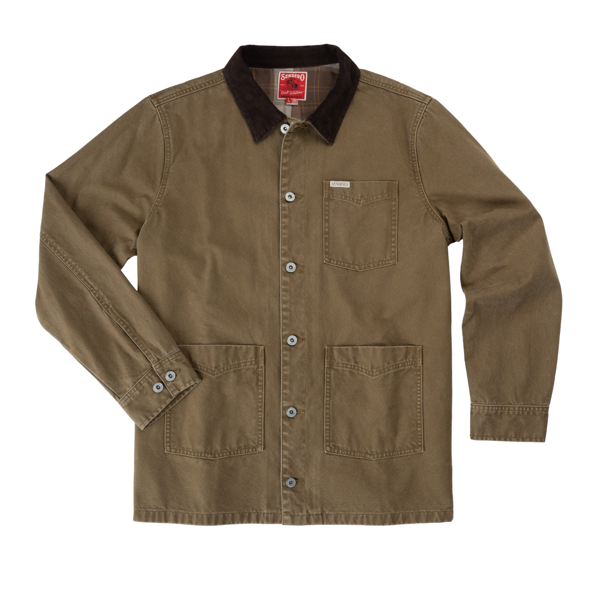 Sendero Rustler Chore Jacket in Fence Post canvas with corduroy collar, front view