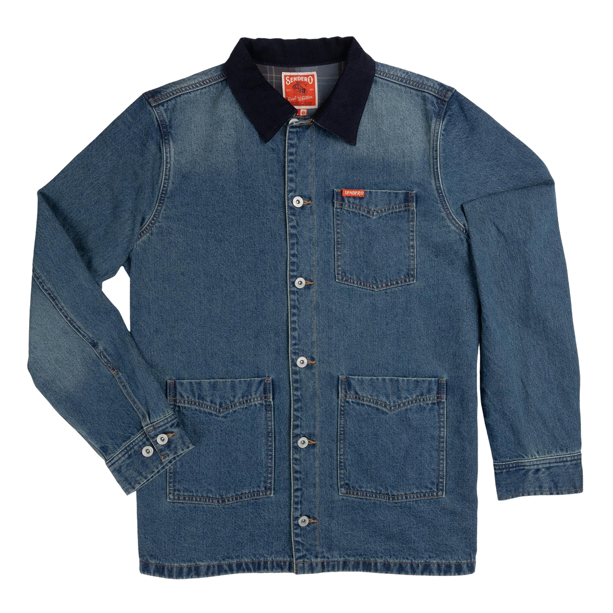 Sendero Rustler Chore Jacket in navy denim with corduroy collar, front view
