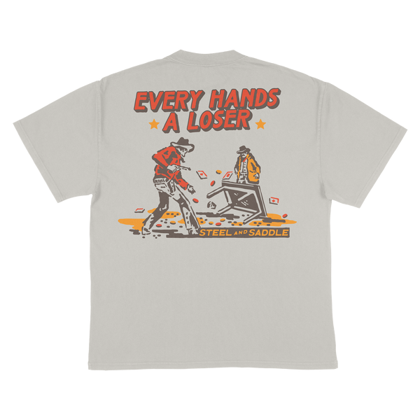 Gambler Tee back print, cowboy flipping a poker table under Every Hands a Loser