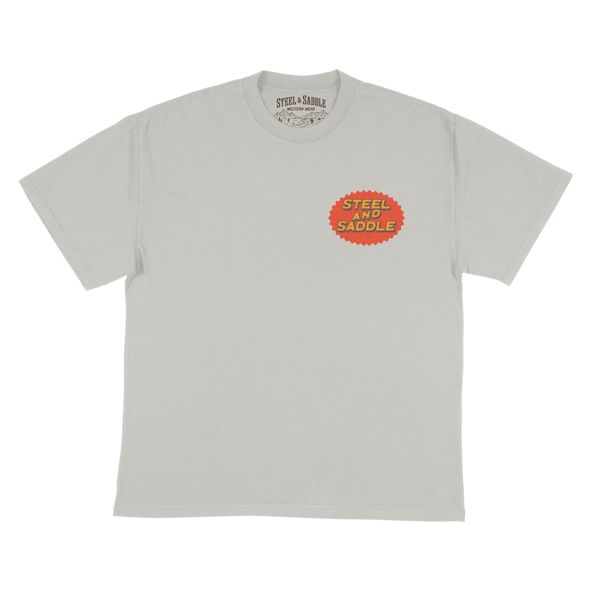Gambler Tee in faded bone by Steel & Saddle Nashville, front with Steel and Saddle chest badge