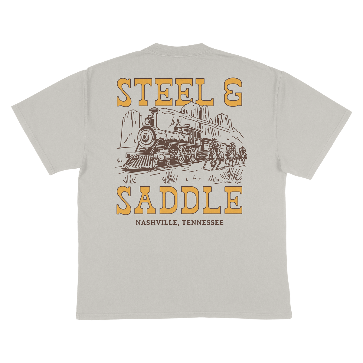 Holdup Tee back print, riders chasing a steam train between giant Steel & Saddle lettering