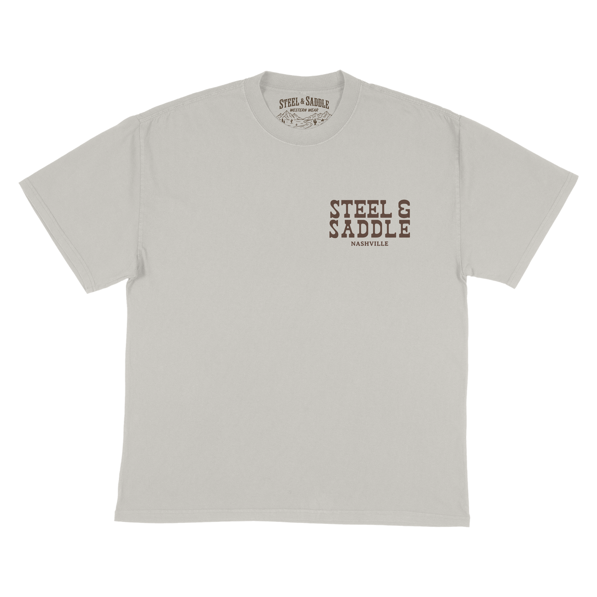 Holdup Tee in faded ecru by Steel & Saddle Nashville, front with Steel & Saddle Nashville chest print