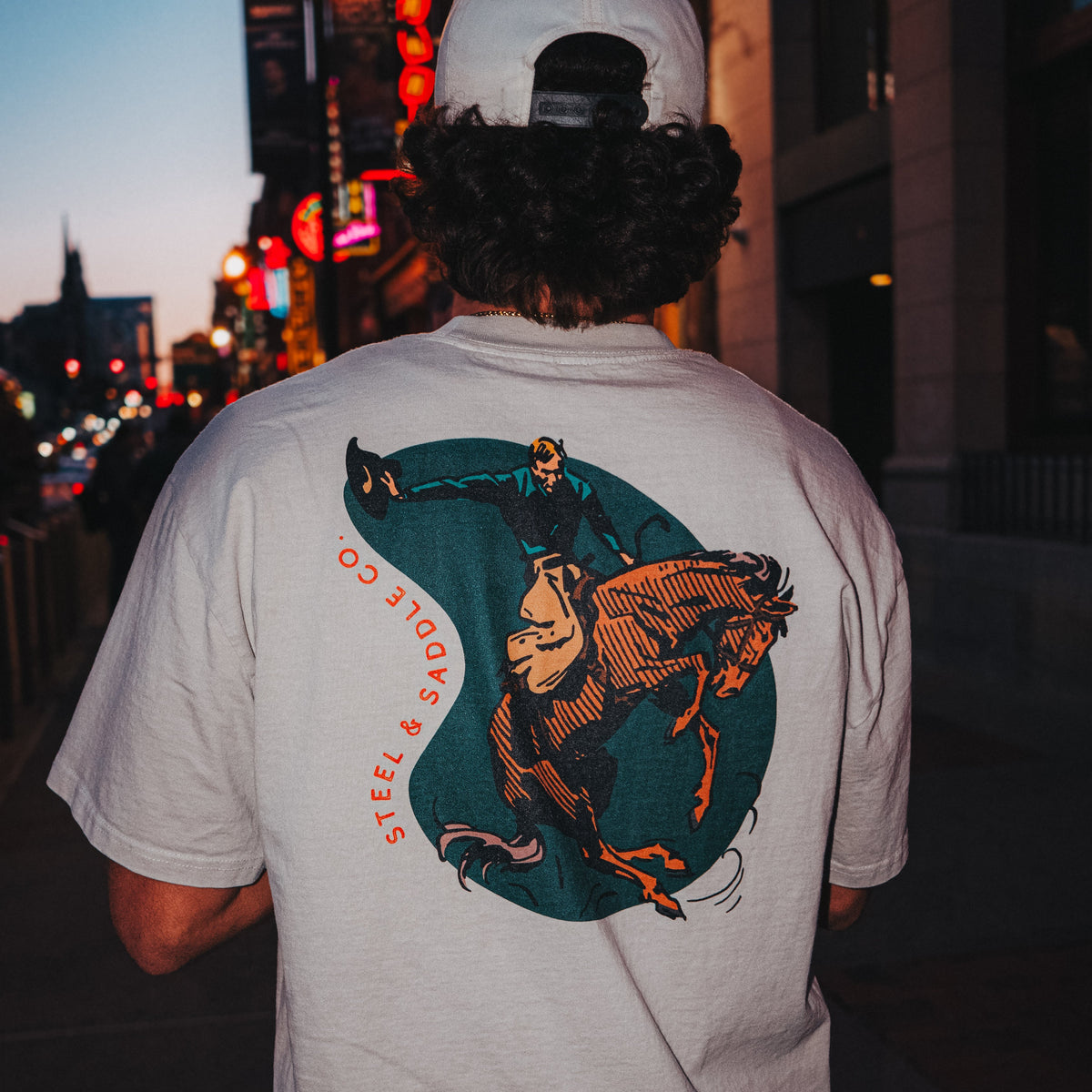 Vintage Bucking Tee western graphic tee from Steel & Saddle rodeo style collection