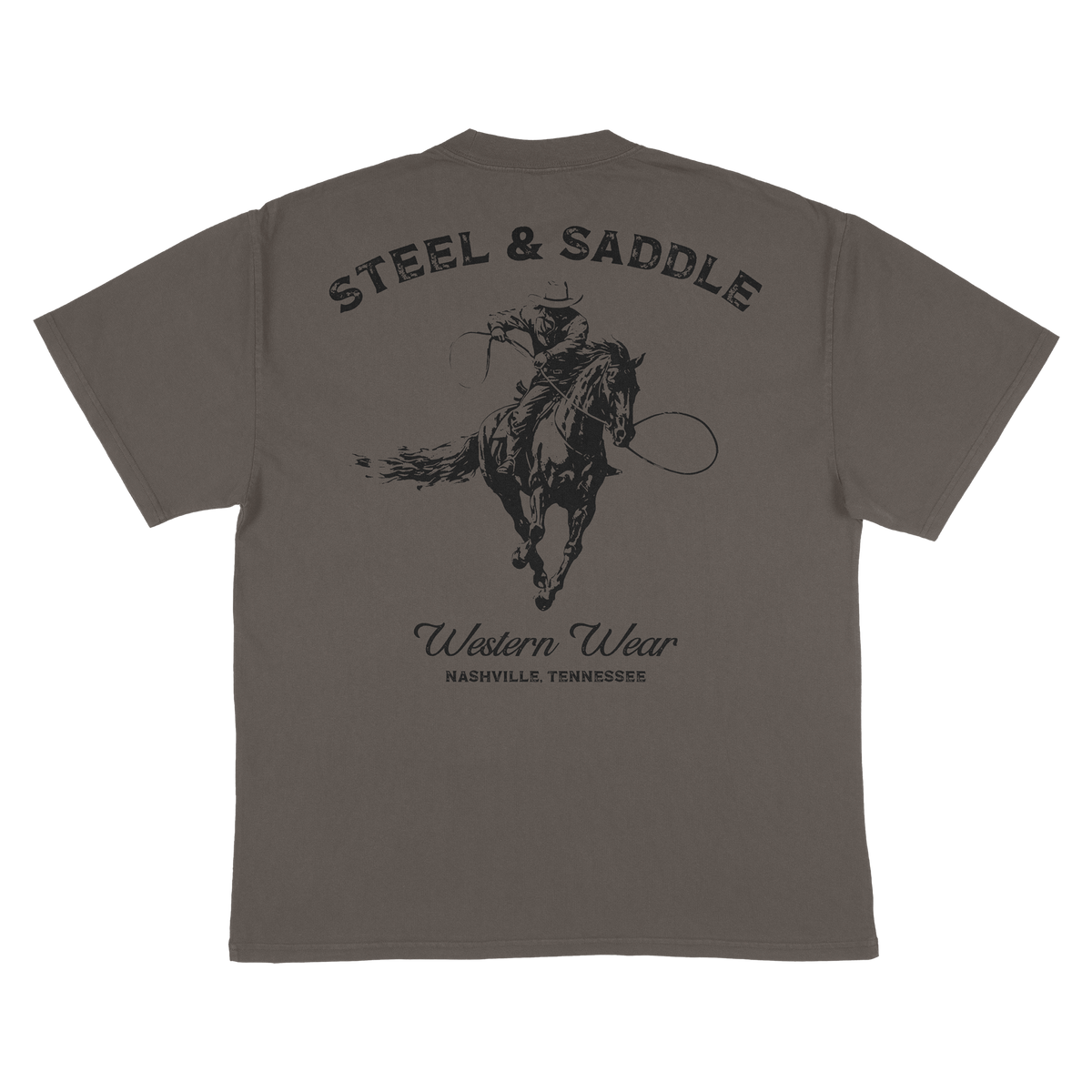 Lever Action Tee back print, cowboy roping from a galloping horse under arched Steel & Saddle lettering