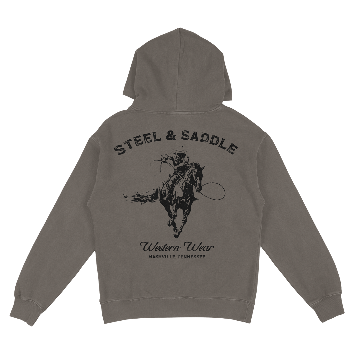 Lever Action Hoodie back print, cowboy roping from a galloping horse under arched Steel & Saddle lettering