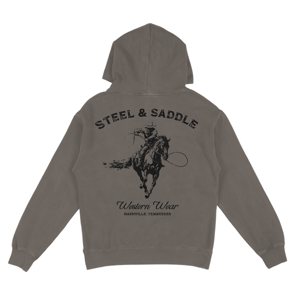Lever Action Hoodie back print, cowboy roping from a galloping horse under arched Steel & Saddle lettering