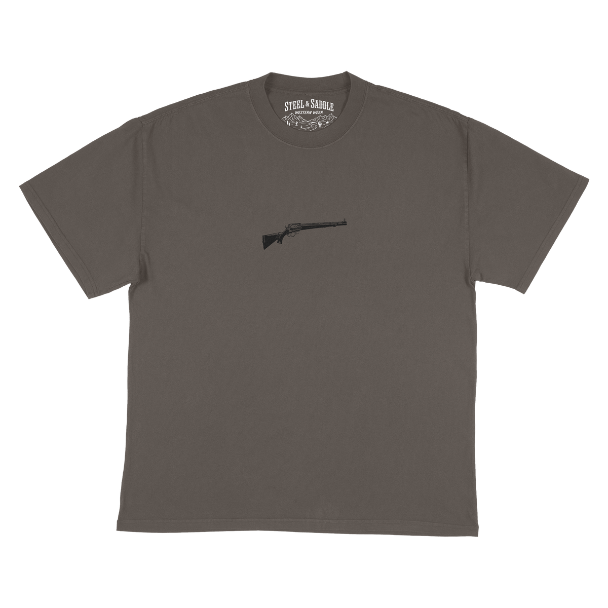 Lever Action Tee in faded grey by Steel & Saddle Nashville, front with lever action rifle chest print