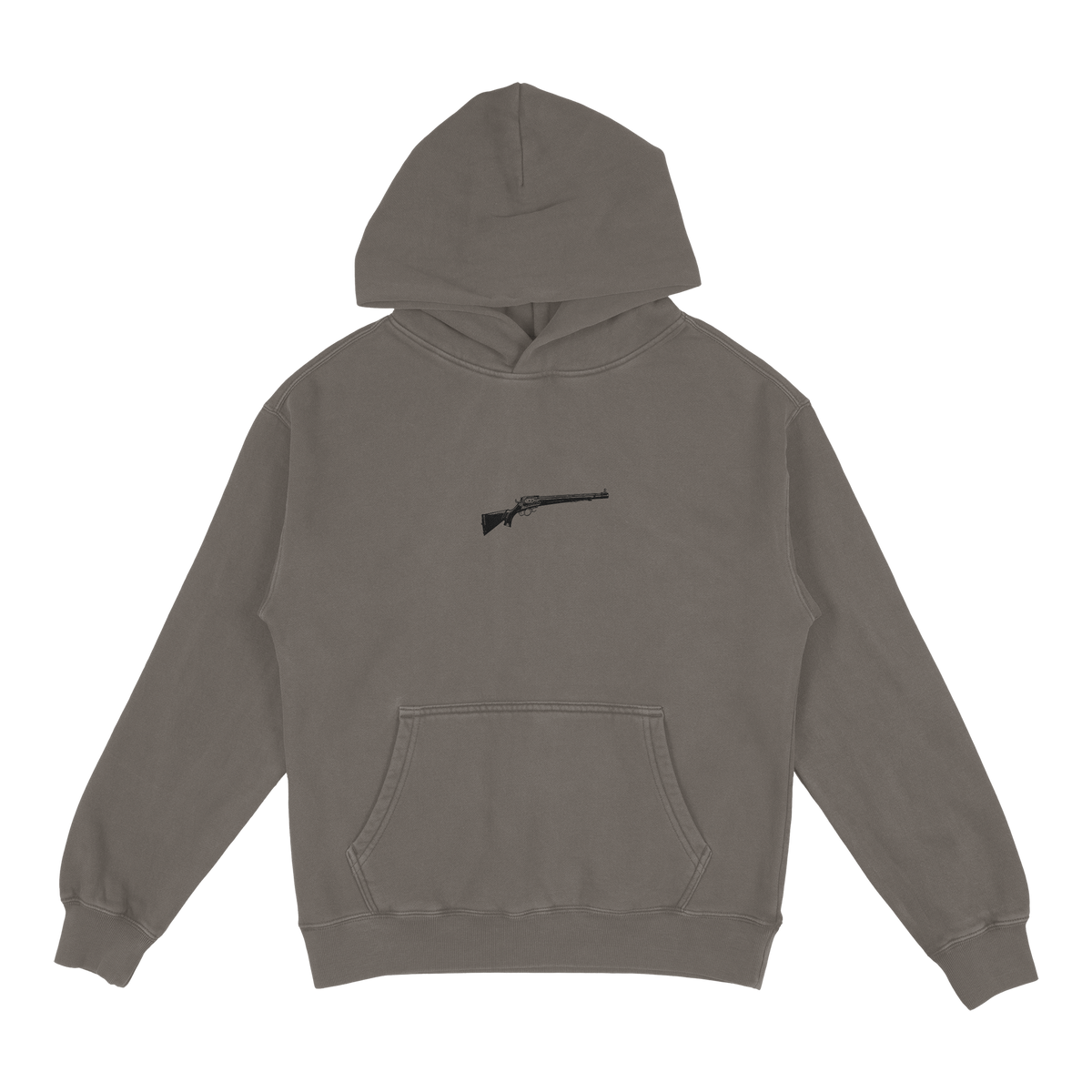 Lever Action Hoodie in faded grey by Steel & Saddle Nashville, front with lever action rifle chest print