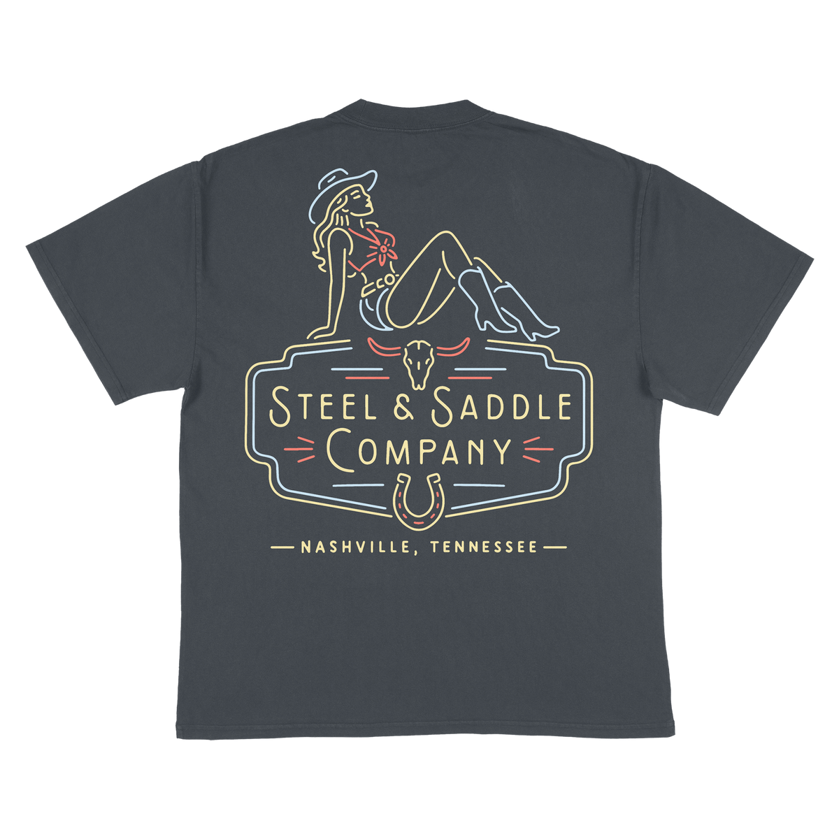 Music City Neon Tee back print, neon cowgirl sitting on a Steel & Saddle Company sign