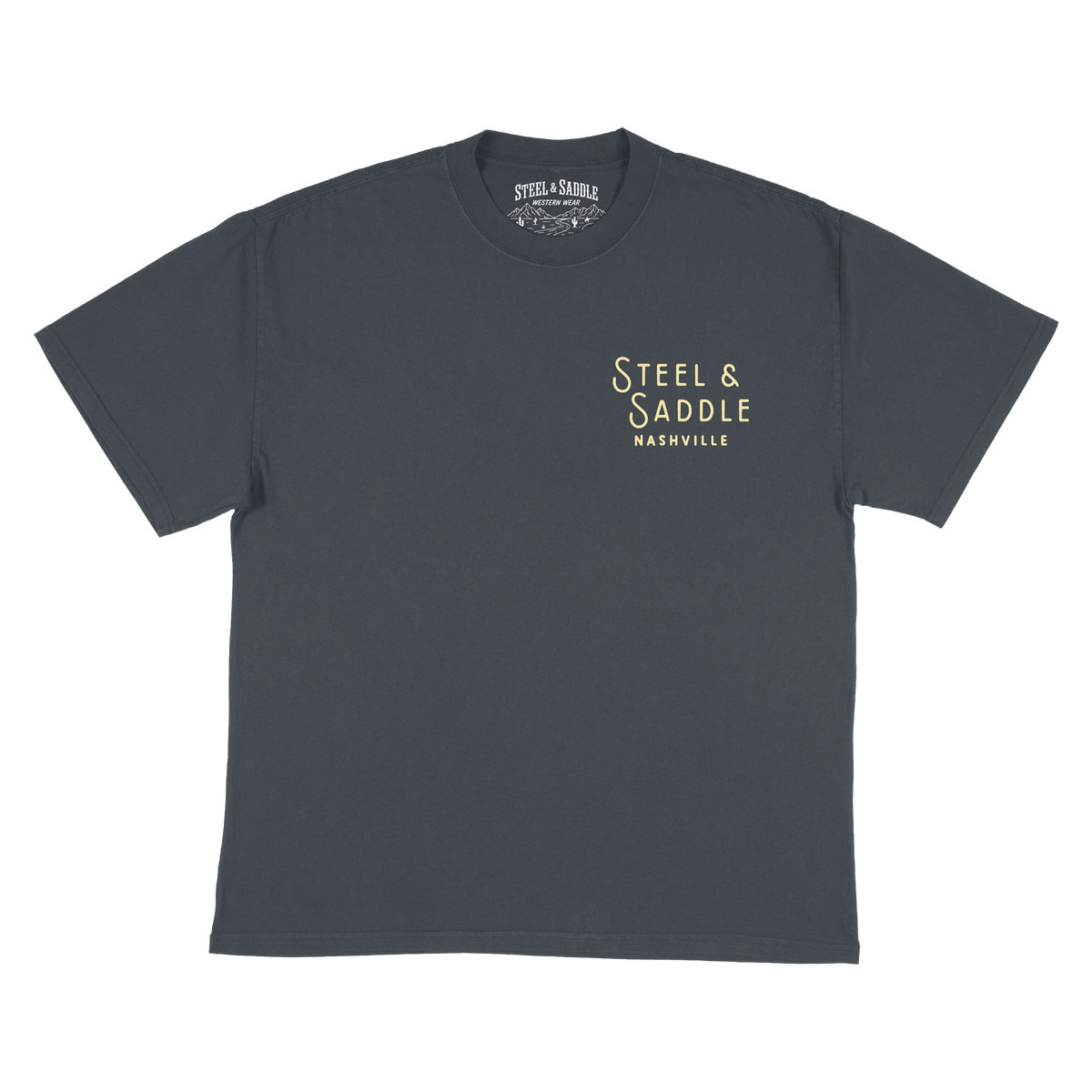 Music City Neon Tee in faded indigo by Steel & Saddle Nashville, front with Steel & Saddle Nashville chest print
