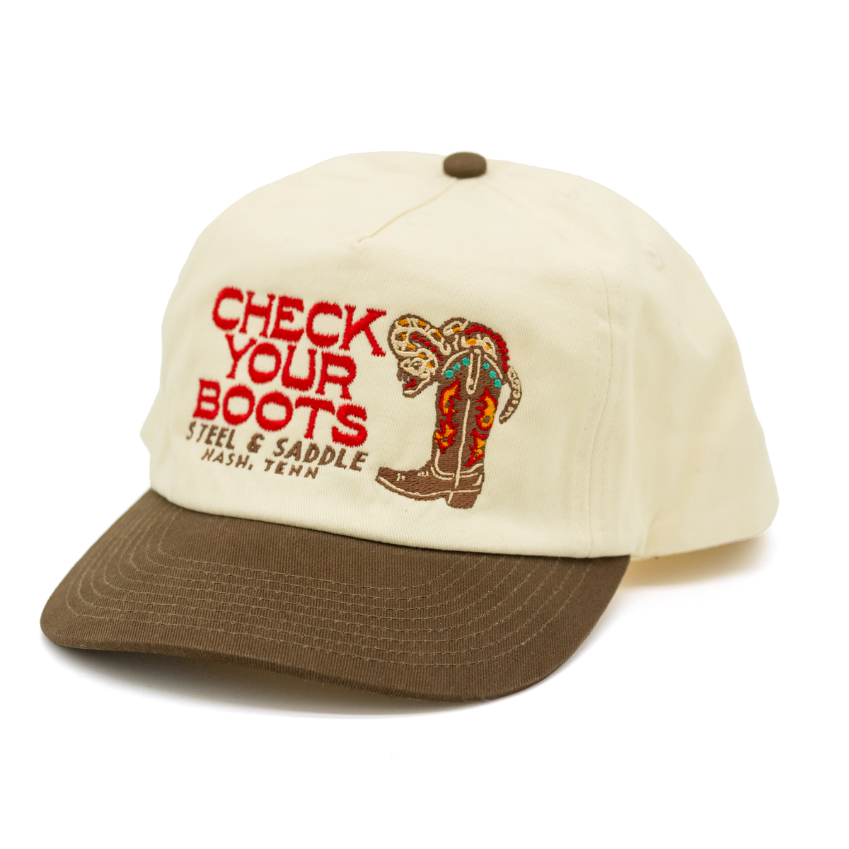Rattler Hat by Steel & Saddle, two-tone cream cap with a rattlesnake in a flaming boot and Check Your Boots stitched in red