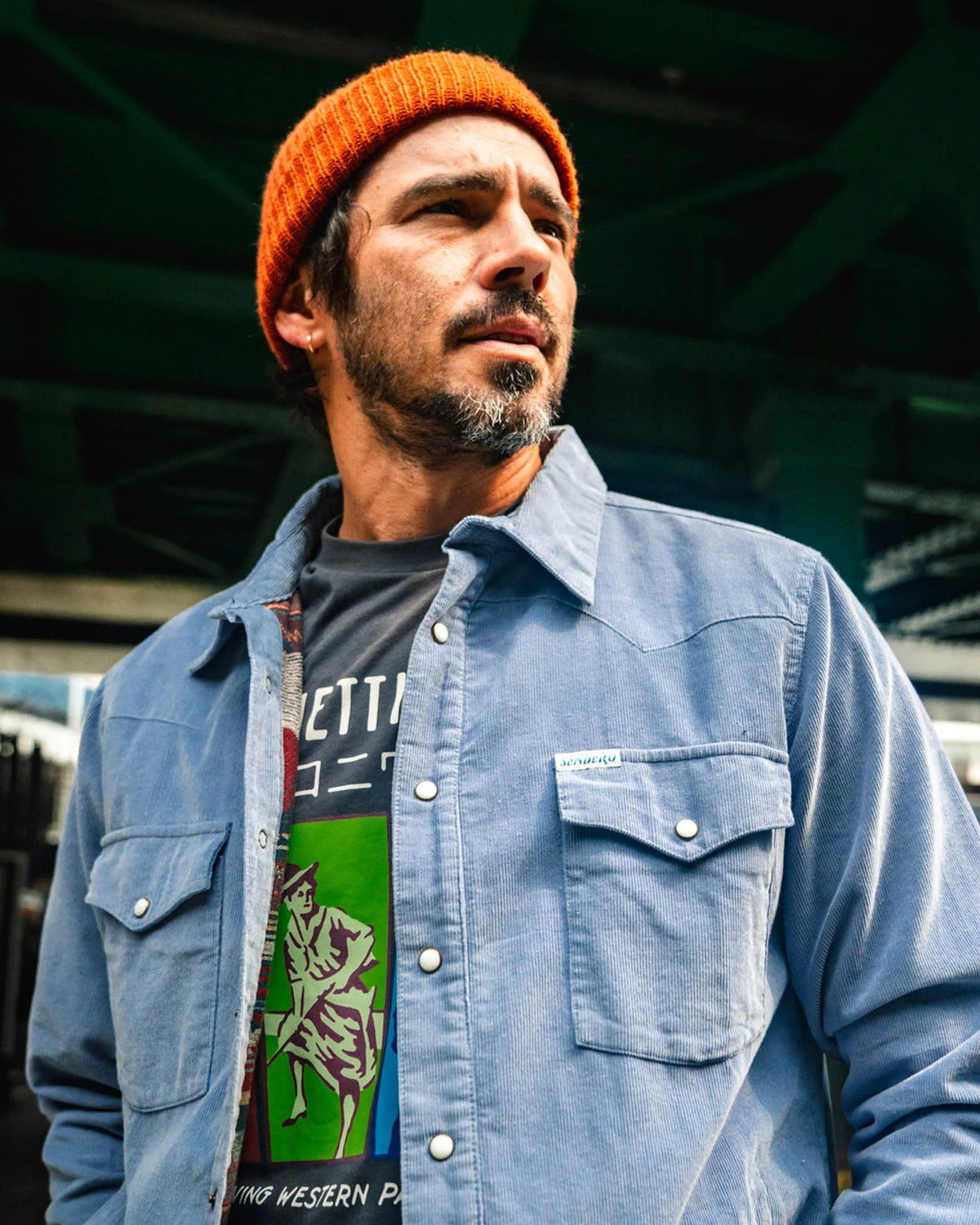 Sendero Desperado Shacket in powder blue, worn outdoors
