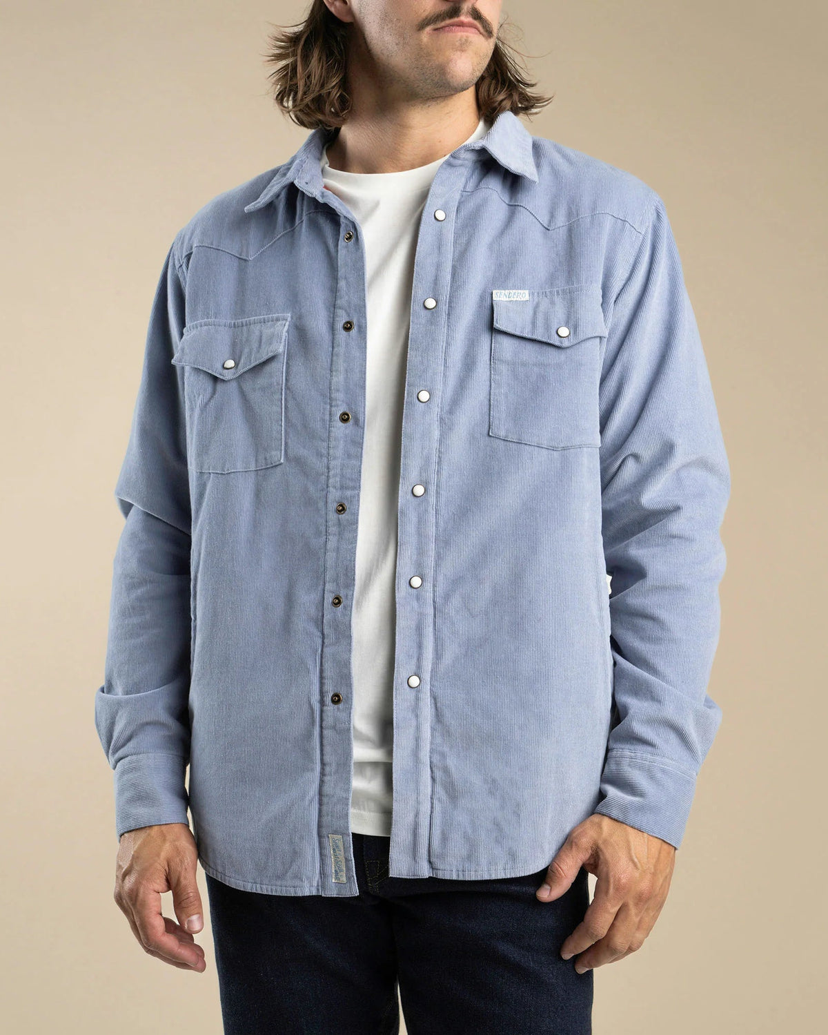 Sendero Desperado Shacket in powder blue, front on model
