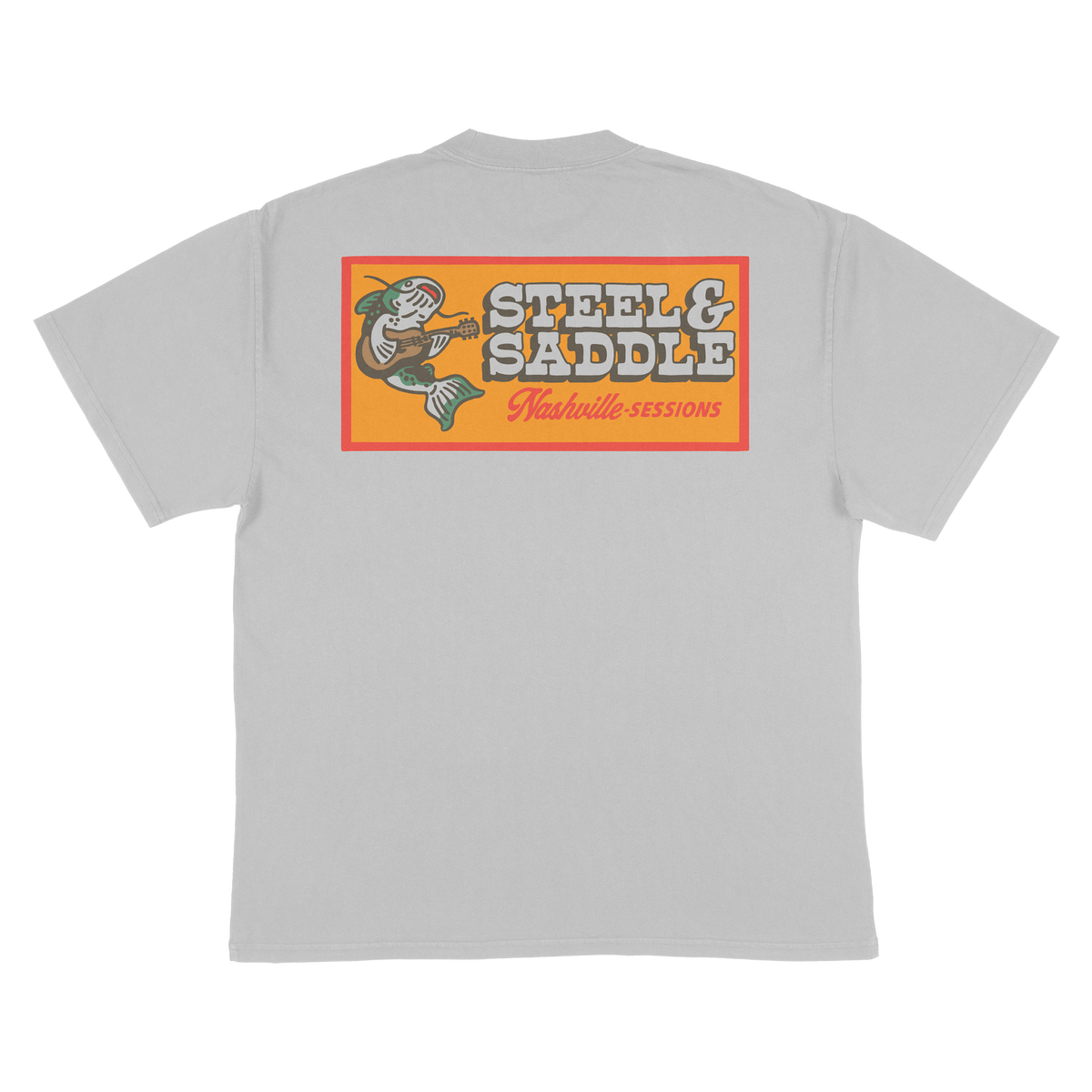 Nashville Sessions Tee back print, catfish playing guitar on an orange patch