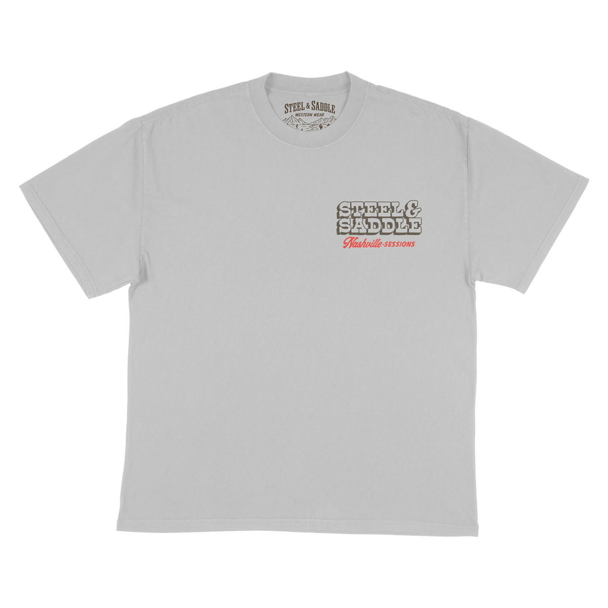 Nashville Sessions Tee in faded storm by Steel & Saddle Nashville, front with Nashville Sessions chest print