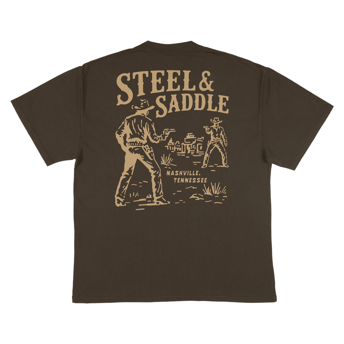 Standoff Tee back print, two gunslingers facing off on an old western town street