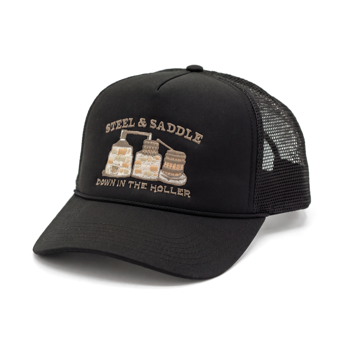 Stillhouse Hat by Steel & Saddle, black mesh trucker with a moonshine still and Down in the Holler stitched on the front