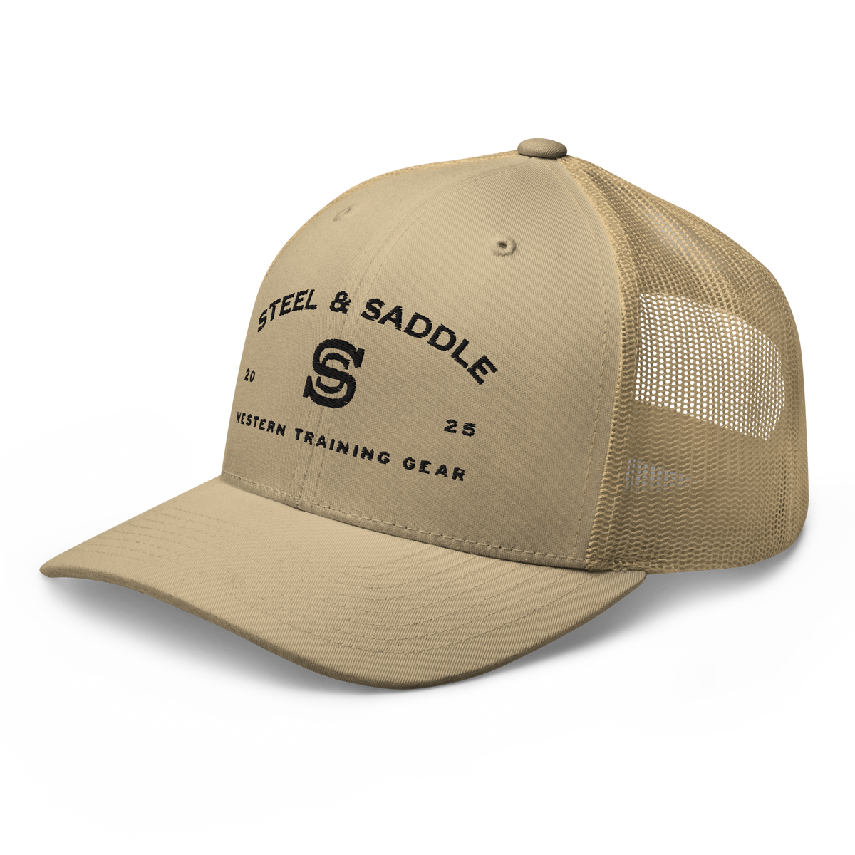 Steel & Saddle Founders Trucker Hat in tan with mesh back detail, alternate view