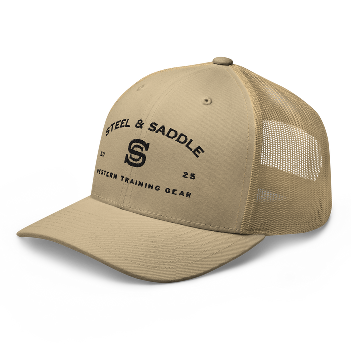 Steel & Saddle Founders Trucker Hat in tan with mesh back detail, alternate view